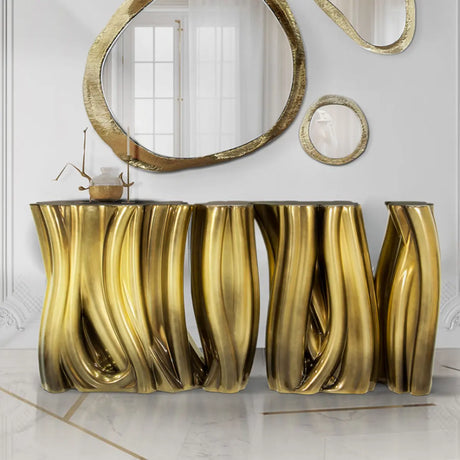 Sculptural Abstract Fiberglass Gold Metal Console Table Image - 1
