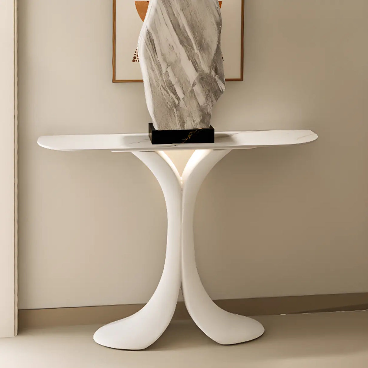 Sculptural Curved Stone Abstract Base White Console Table Image - 1
