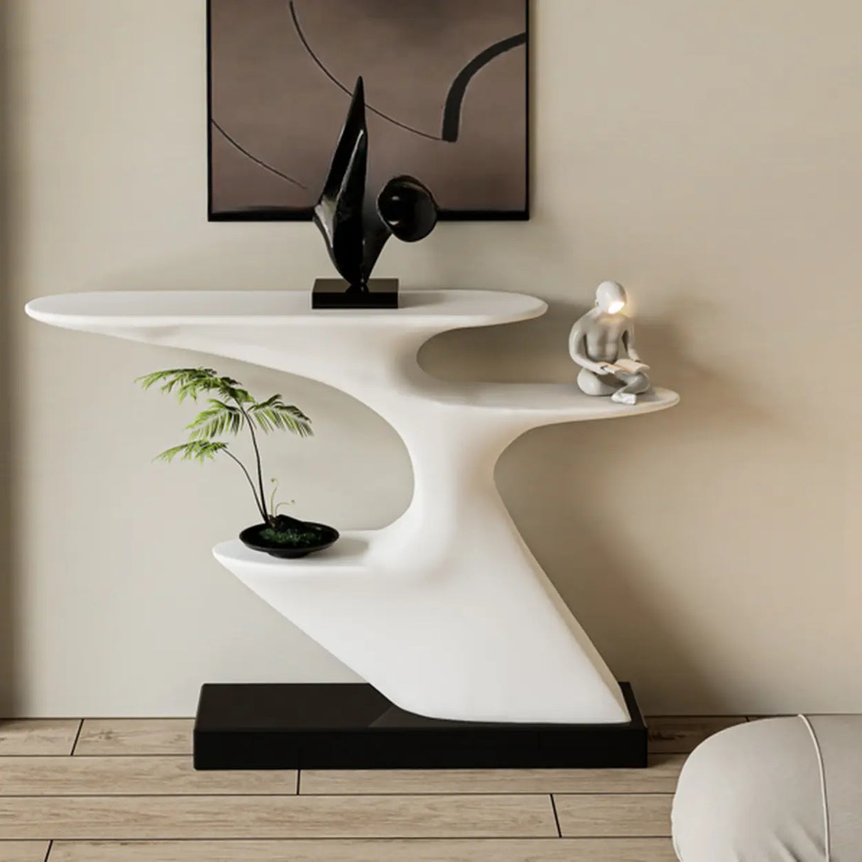 Sculptural Curved Stone Abstract Base White Console Table Image - 11