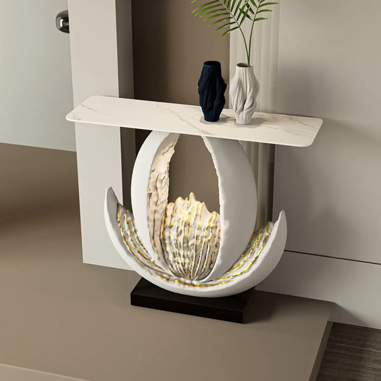 Sculptural Curved Stone Abstract Base White Console Table Image - 13