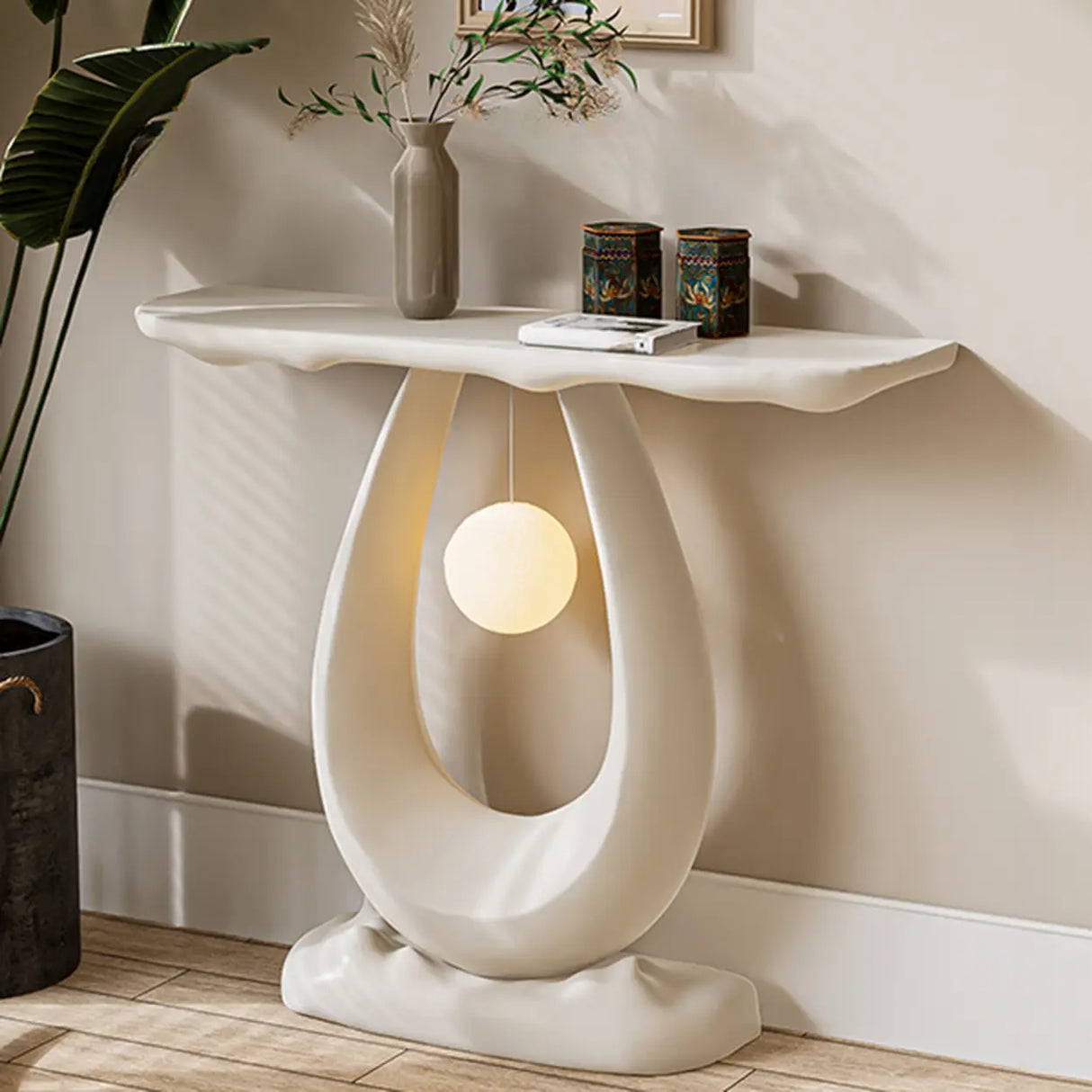 Sculptural Curved Stone Abstract Base White Console Table Image - 3