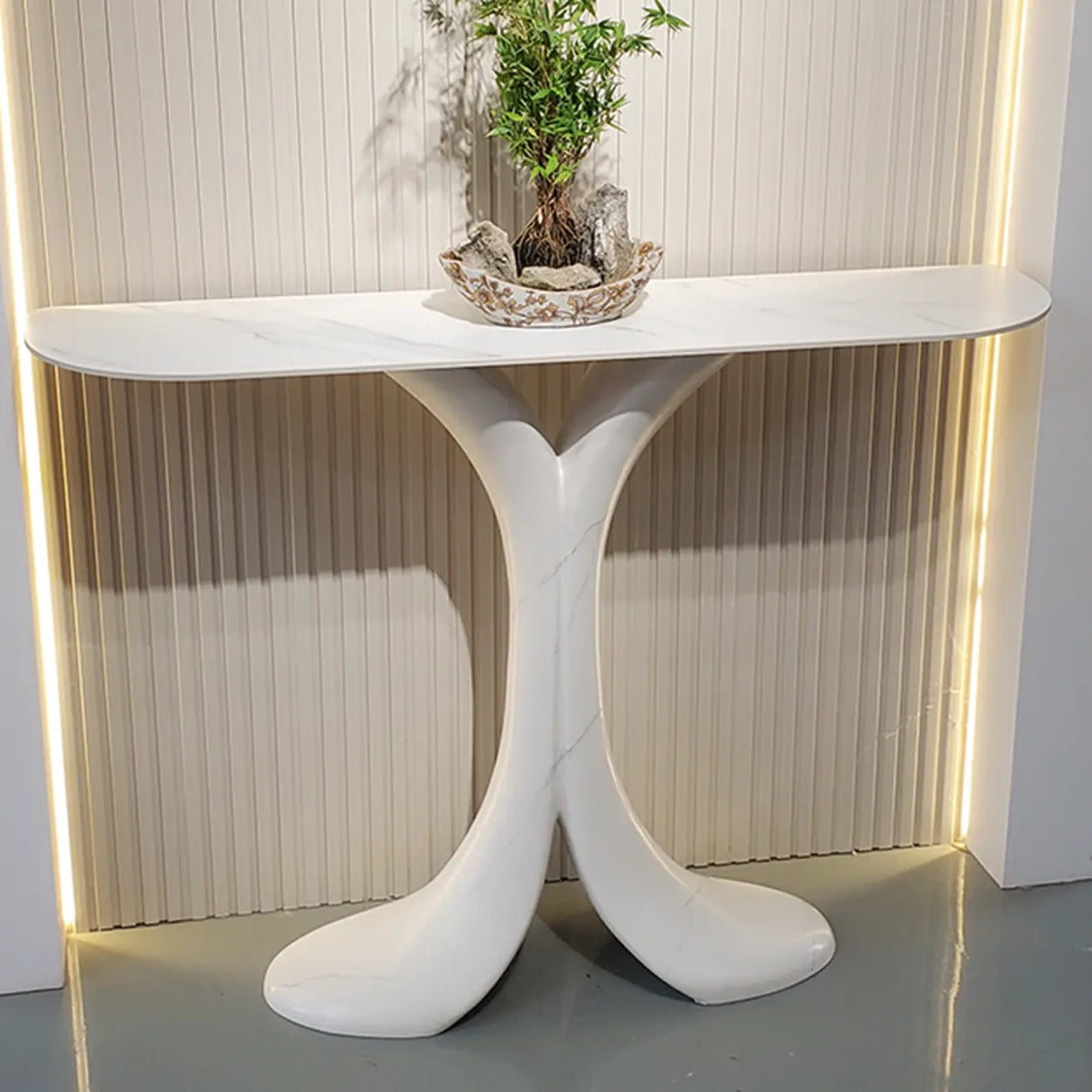 Sculptural Curved Stone Abstract Base White Console Table Image - 4