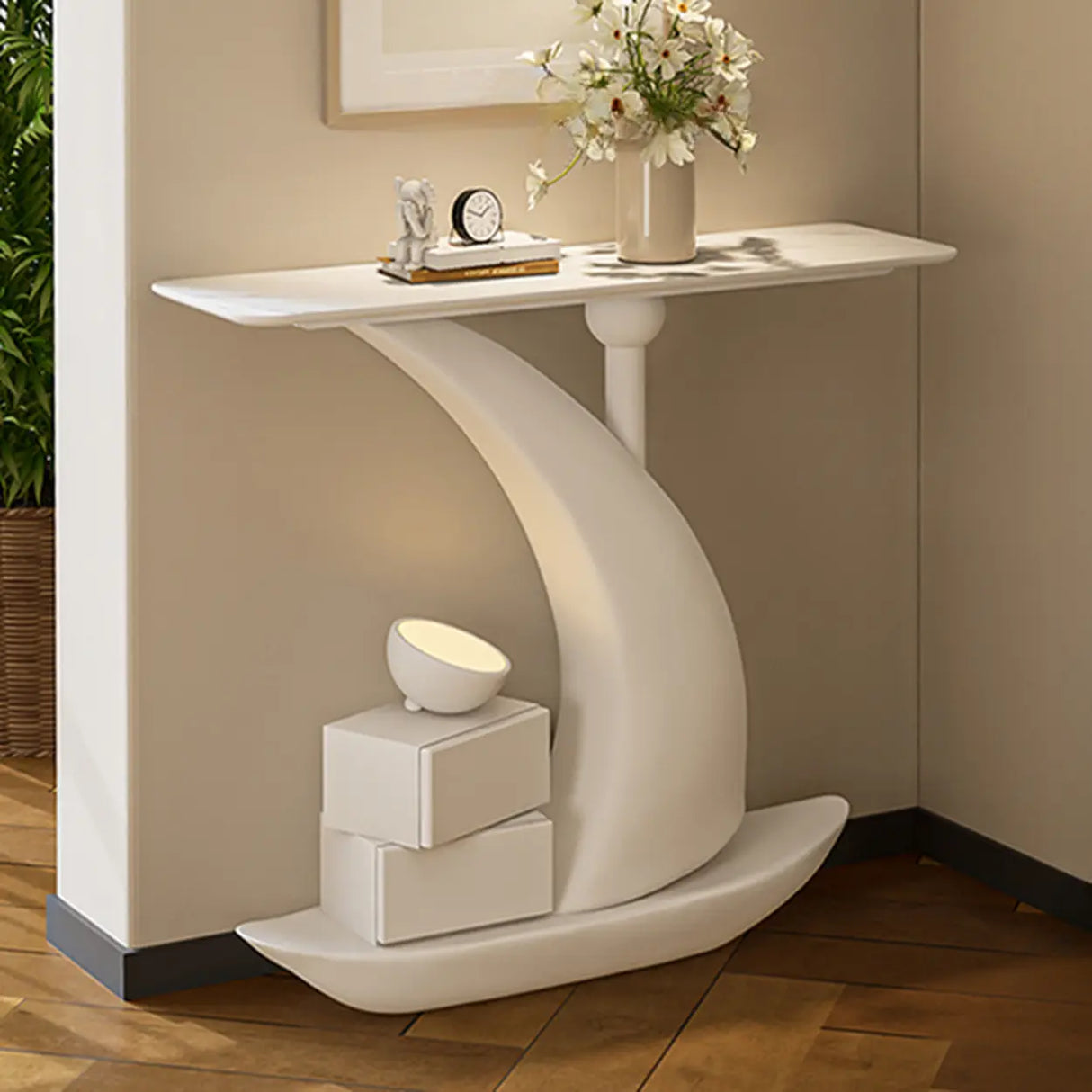 Sculptural Curved Stone Abstract Base White Console Table Image - 5