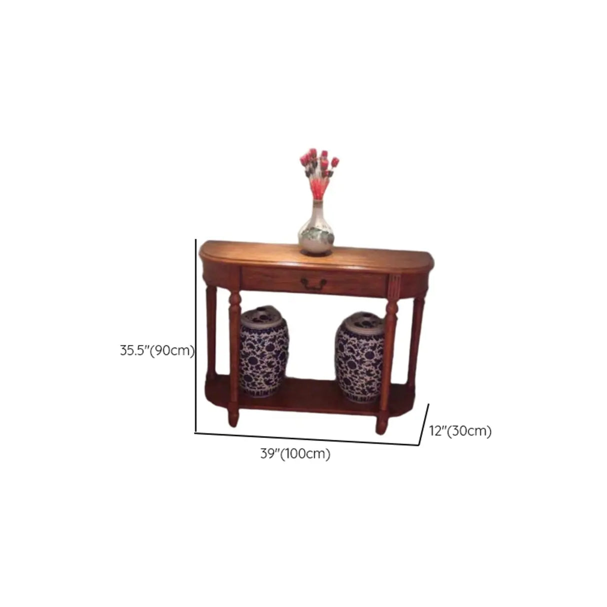 Semi-Circle Rubberwood Storage Console Table with Drawer Image - 10