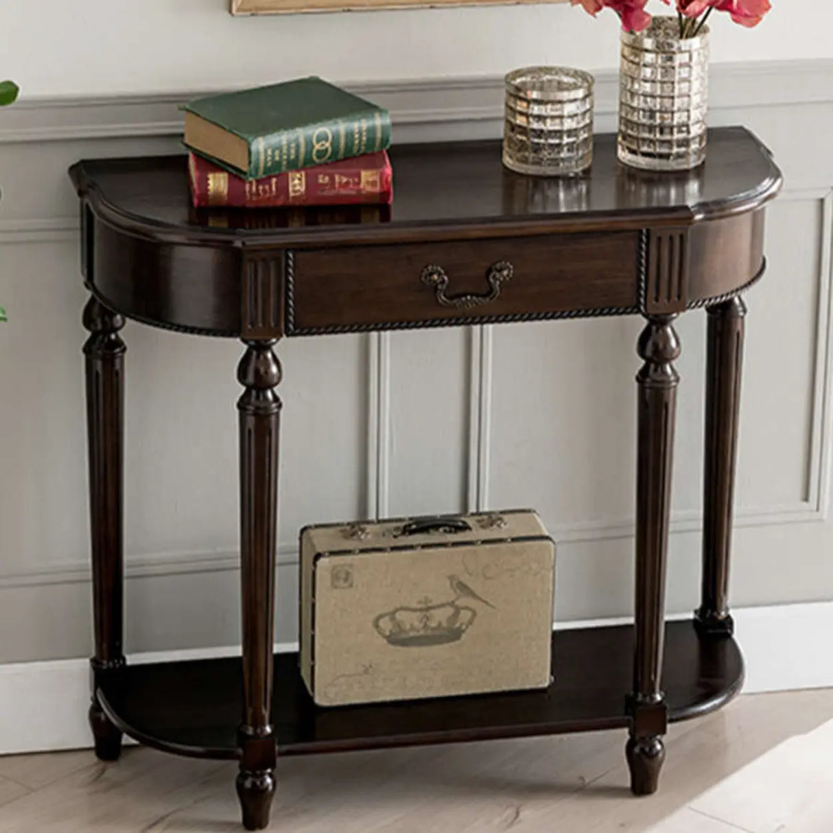 Semi-Circle Rubberwood Storage Console Table with Drawer Image - 1