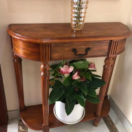 Semi-Circle Rubberwood Storage Console Table with Drawer Image - 2