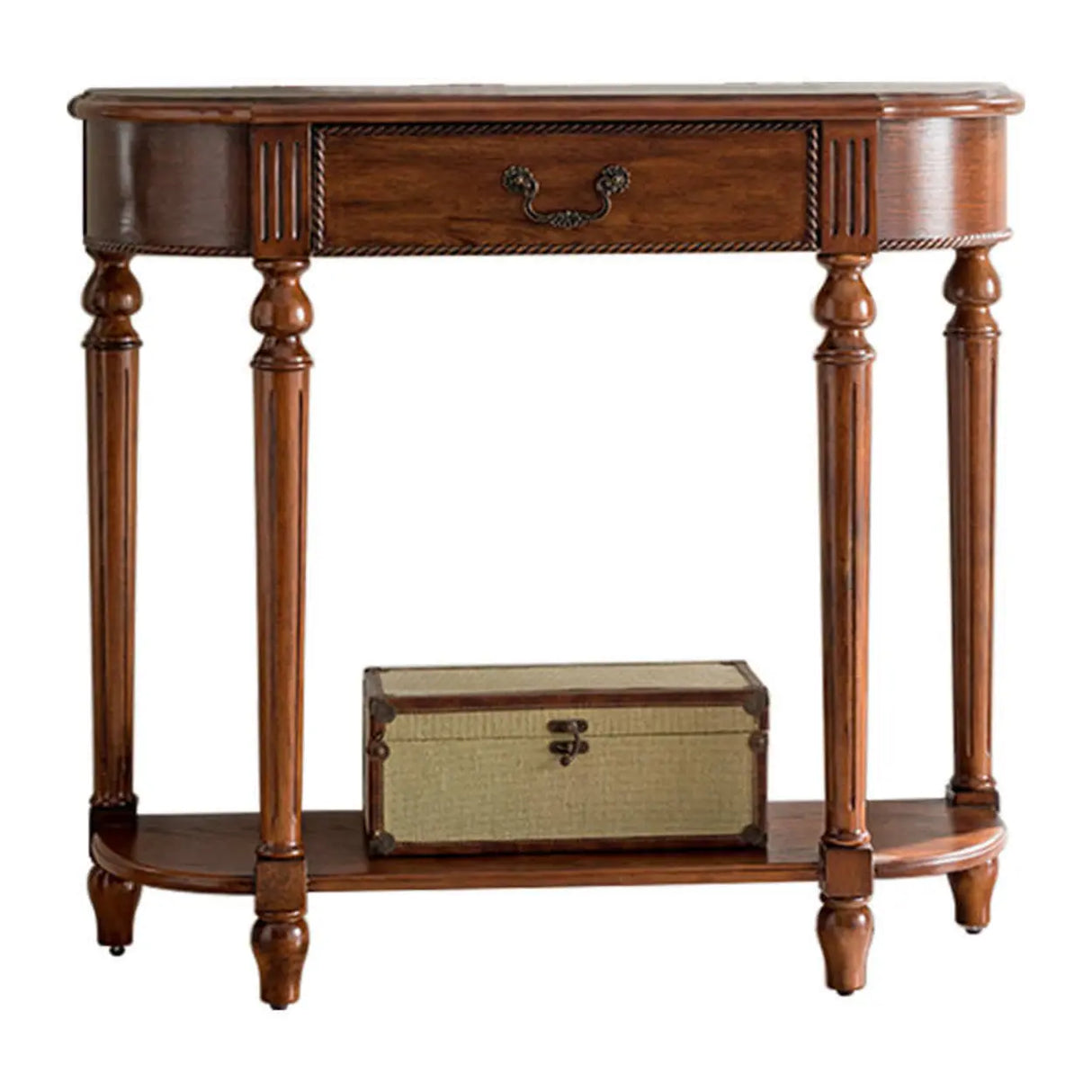 Semi-Circle Rubberwood Storage Console Table with Drawer Image - 5