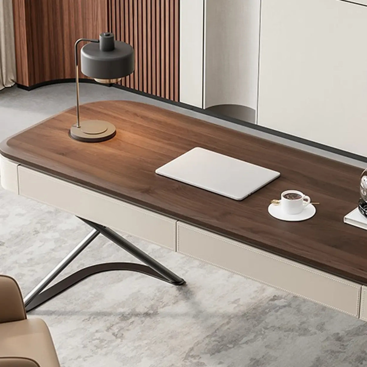 Sepia Finish Oval Writing Wooden Desk with Drawers Image - 10