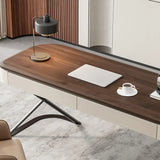 Sepia Finish Oval Writing Wooden Desk with Drawers Image - 10