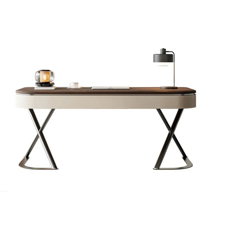 Sepia Finish Oval Writing Wooden Desk with Drawers Image - 2