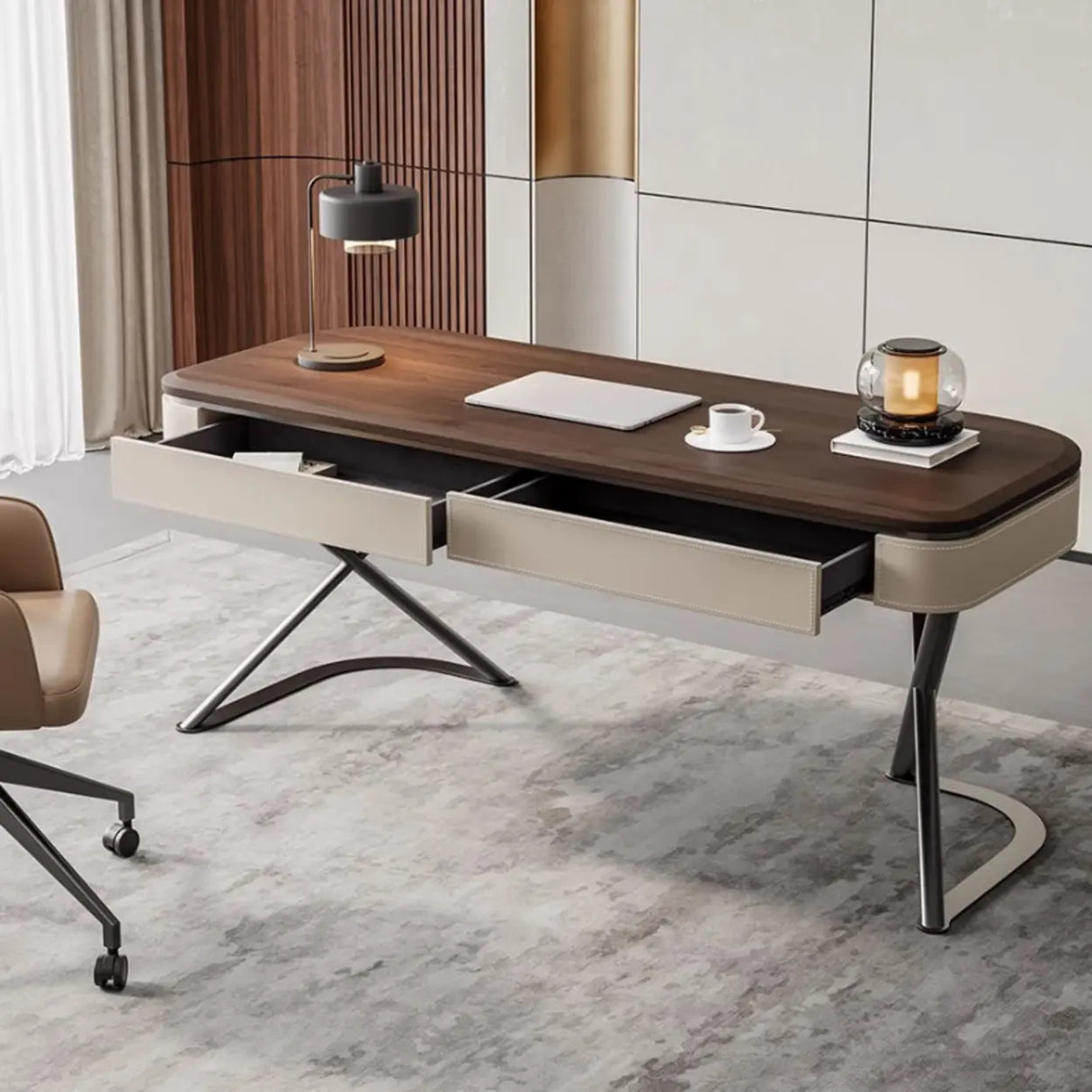 Sepia Finish Oval Writing Wooden Desk with Drawers Image - 3