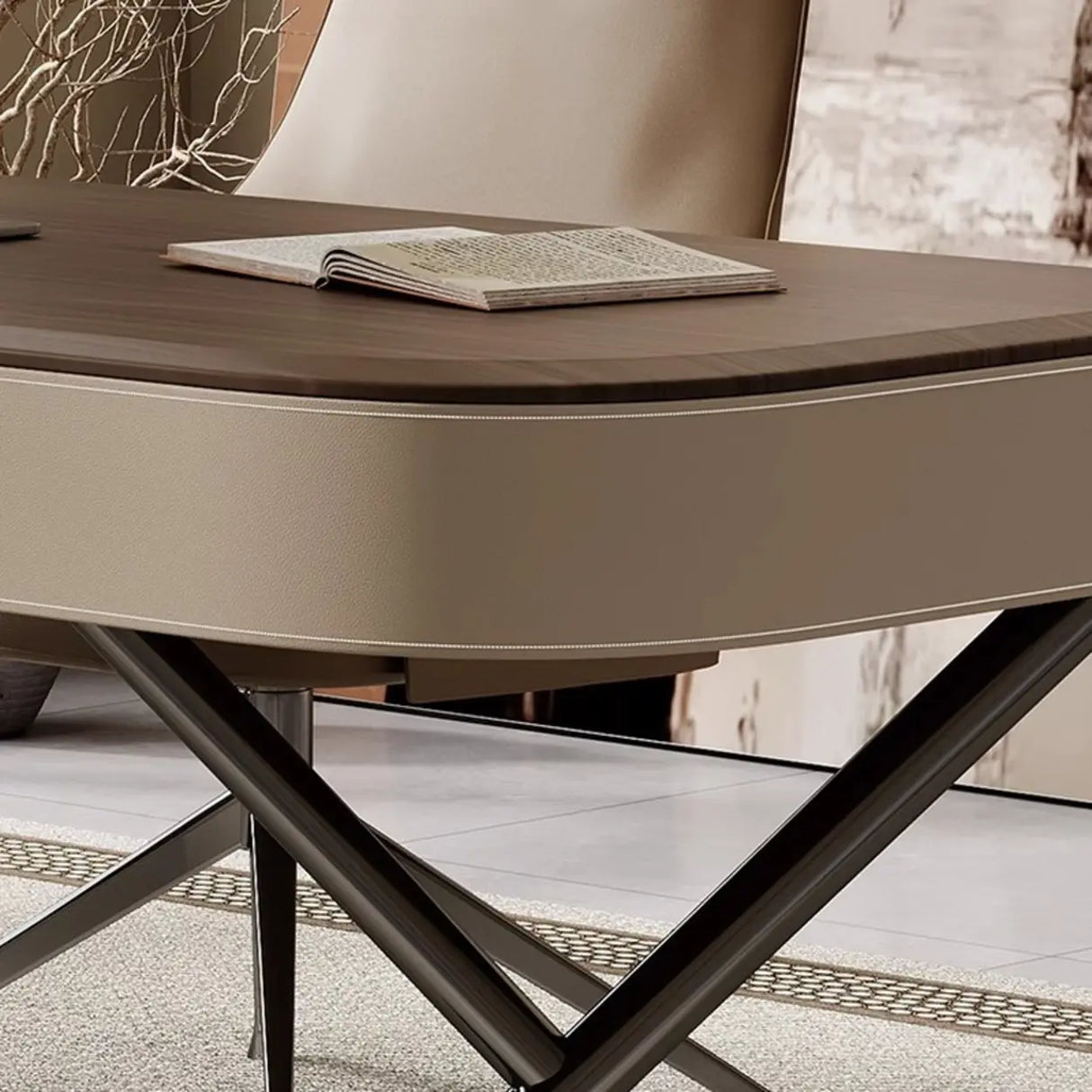 Sepia Finish Oval Writing Wooden Desk with Drawers Image - 5