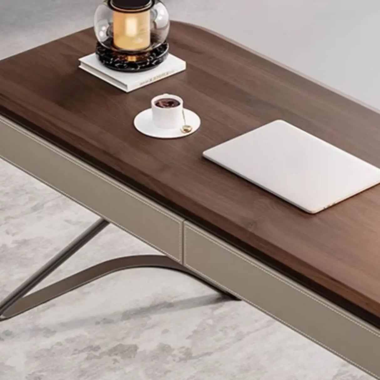 Sepia Finish Oval Writing Wooden Desk with Drawers Image - 7