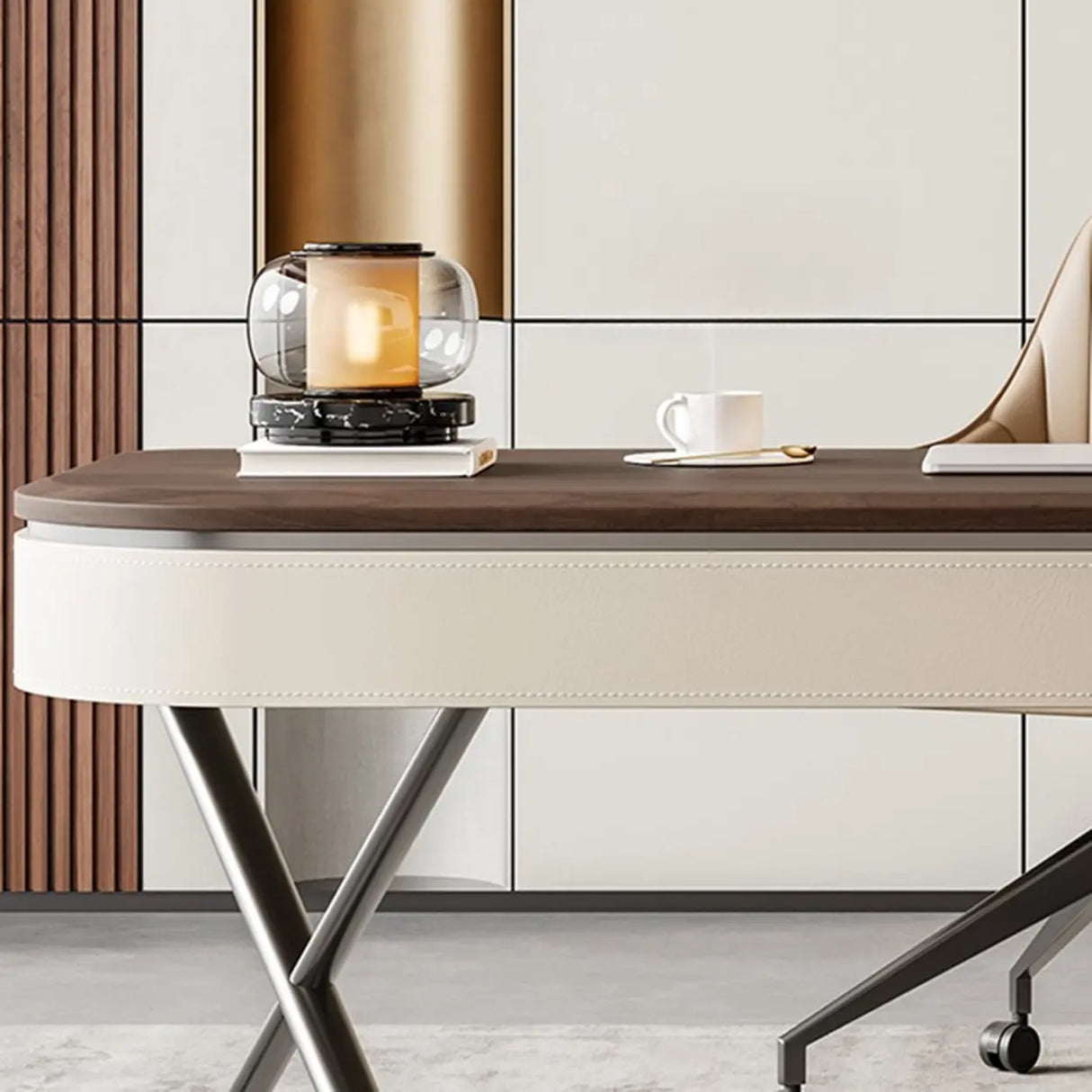 Sepia Finish Oval Writing Wooden Desk with Drawers Image - 9