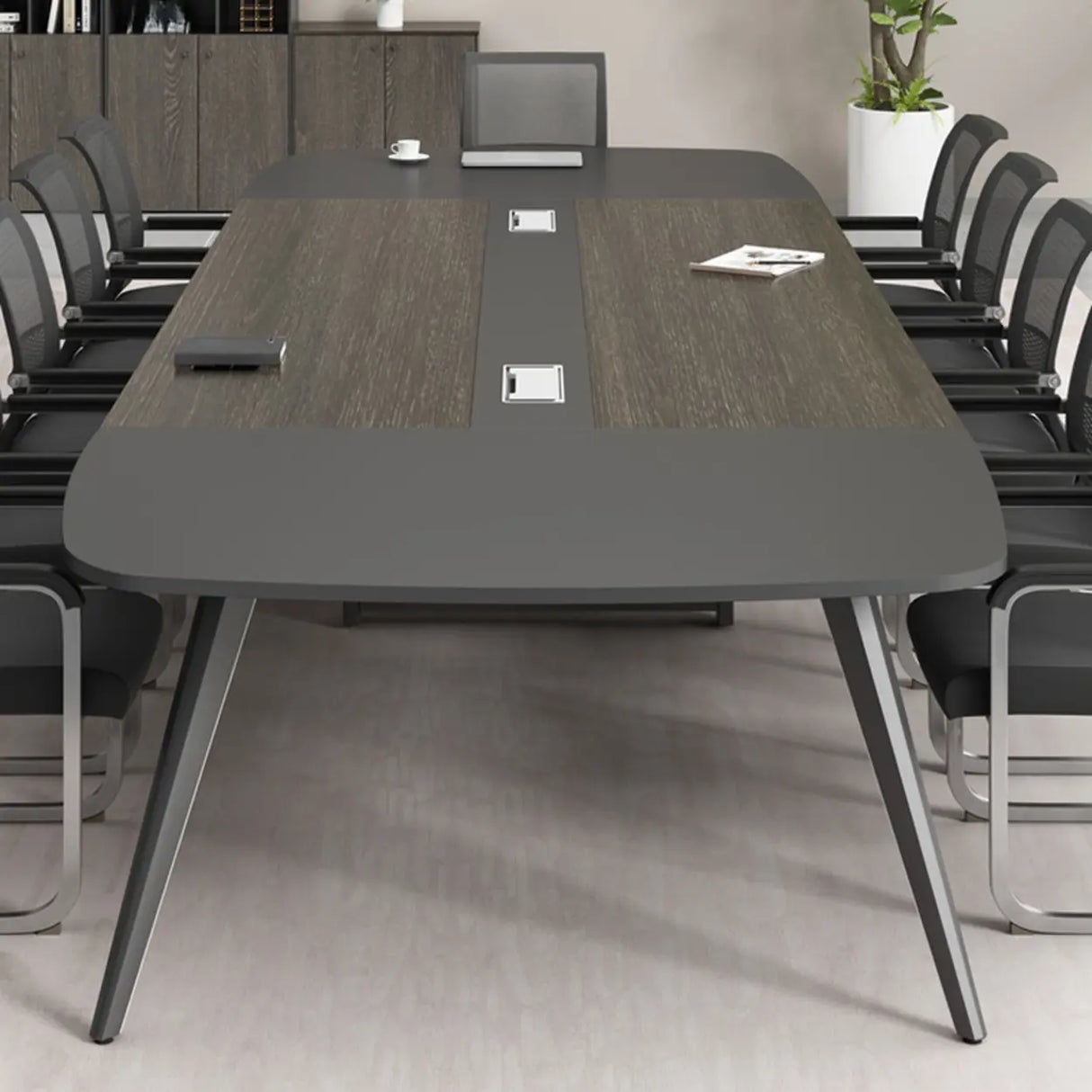 Sepia Oval Long Wooden Multi-Person Conference Desk Image - 2