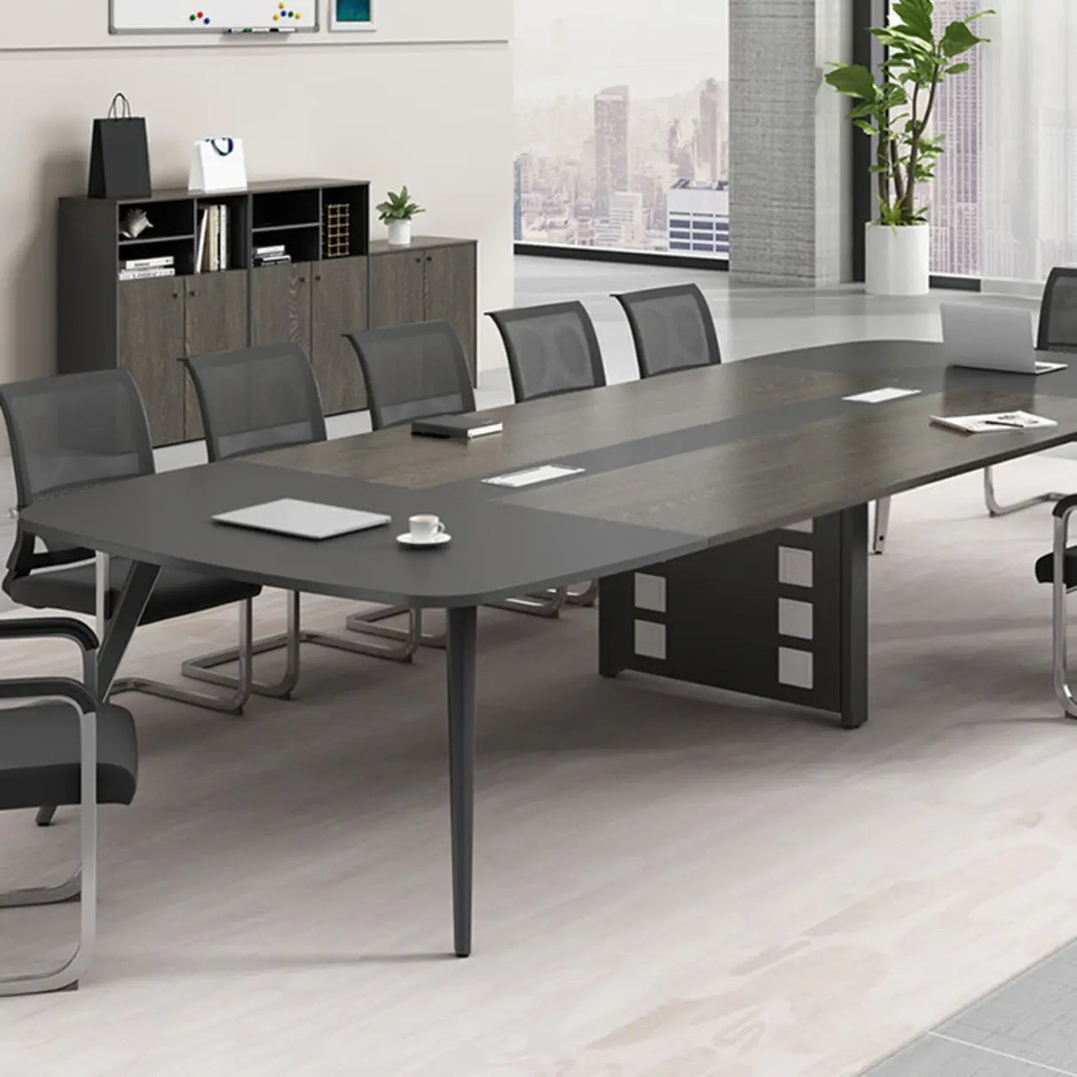 Sepia Oval Long Wooden Multi-Person Conference Desk Image - 3