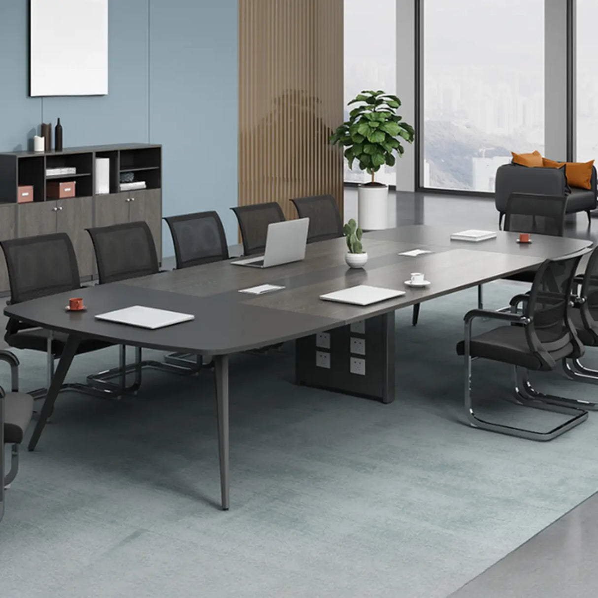 Sepia Oval Long Wooden Multi-Person Conference Desk Image - 4