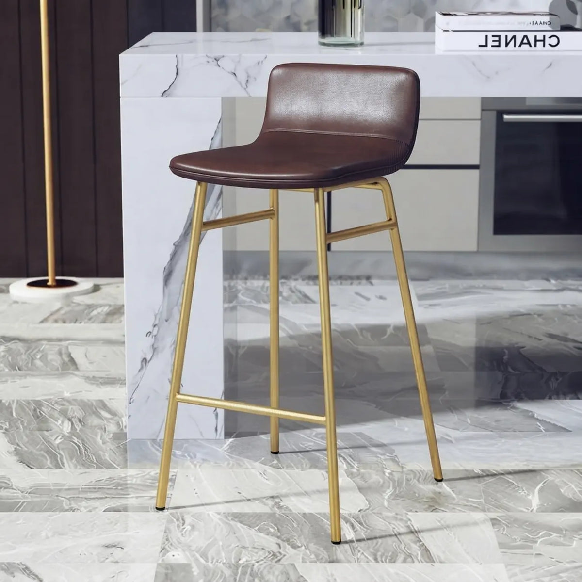 Brown Gold Counter Stool (25.5"H) 2 Piece Set Set of 2 Faux Leather Counter & Bar Stools with Backrest and Metal Frame Image - 2