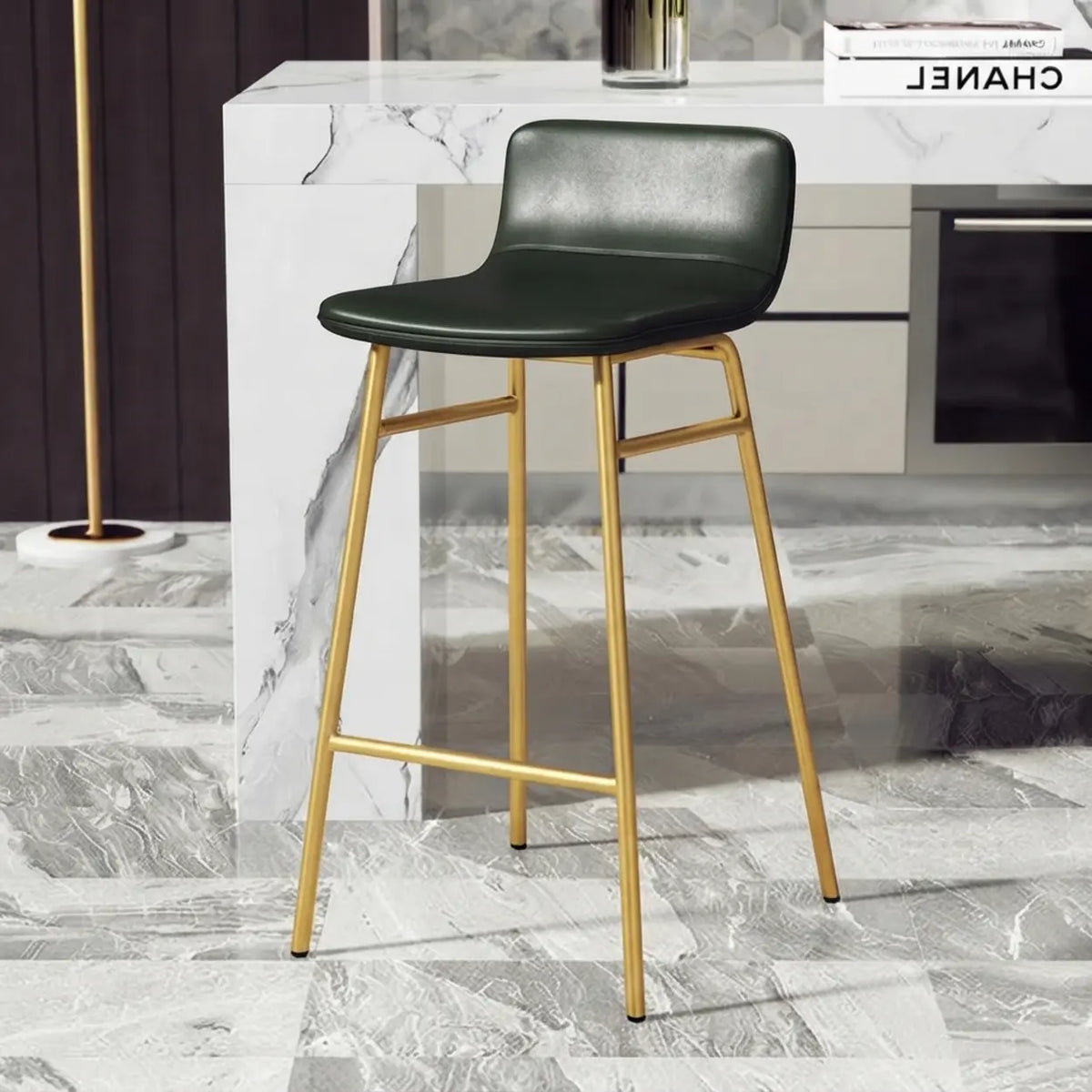 Green Gold Counter Stool (25.5"H) 2 Piece Set Set of 2 Faux Leather Counter & Bar Stools with Backrest and Metal Frame Image - 5
