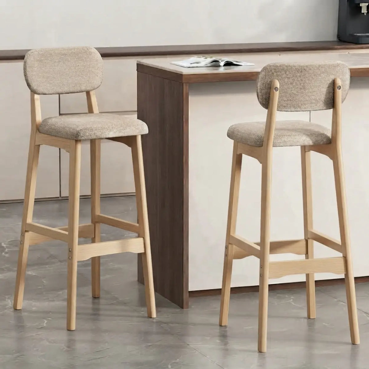 2 Piece Set Khaki-Nature Cotton-linen Counter Stool(25"H) Walnut Set of 2 Upholstered Rubberwood Counter & Bar Stools with Backrest and Footrest Image - 14