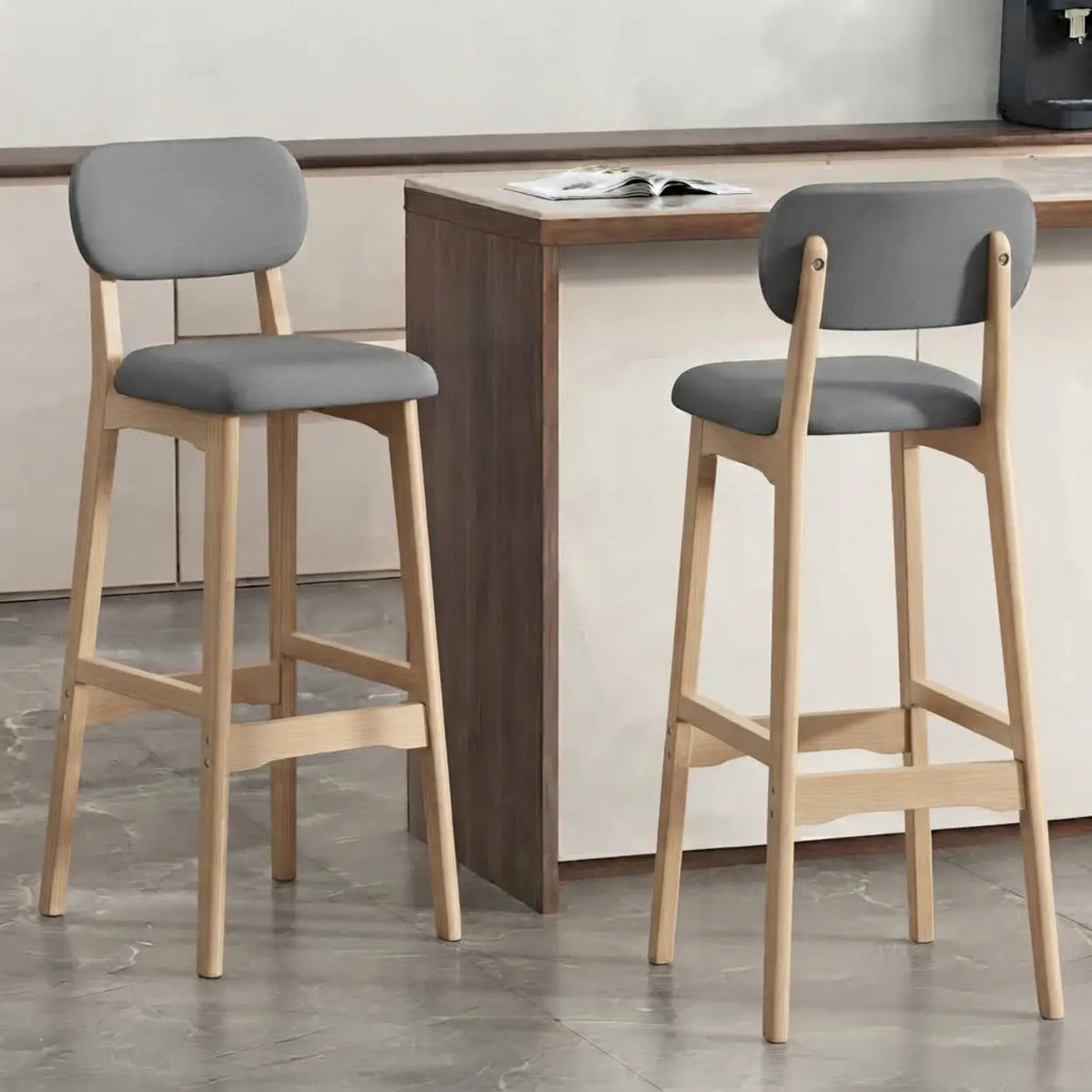 2 Piece Set Grey-Nature Leathaire Counter Stool(25"H) Walnut Set of 2 Upholstered Rubberwood Counter & Bar Stools with Backrest and Footrest Image - 15