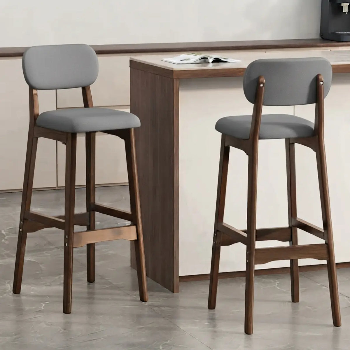 2 Piece Set Grey-Walnut Leathaire Counter Stool(25"H) Walnut Set of 2 Upholstered Rubberwood Counter & Bar Stools with Backrest and Footrest Image - 9