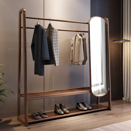 Shelves Freestanding Wood Brown Coat Rack with Mirror Image - 1
