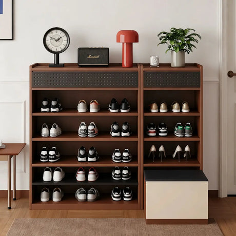 Walnut shoe storage cabinet with adjustable shelves and open compartments for entryway shoe organization