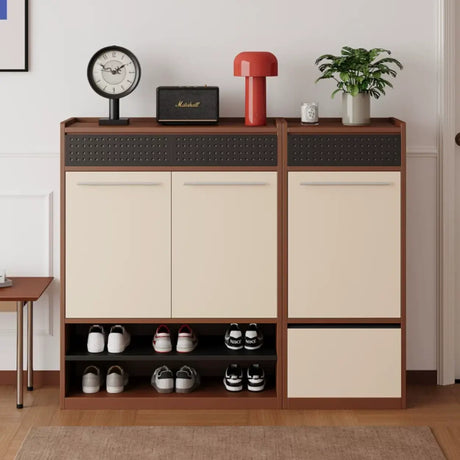 Walnut and white entryway shoe cabinet with doors, hidden storage and open lower shelves