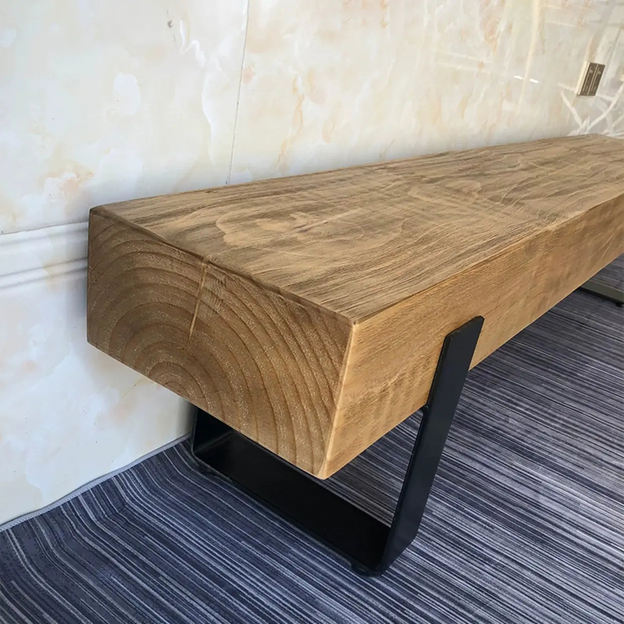 Short Height Pine Wood Dining Bench with Metal Legs Image - 7