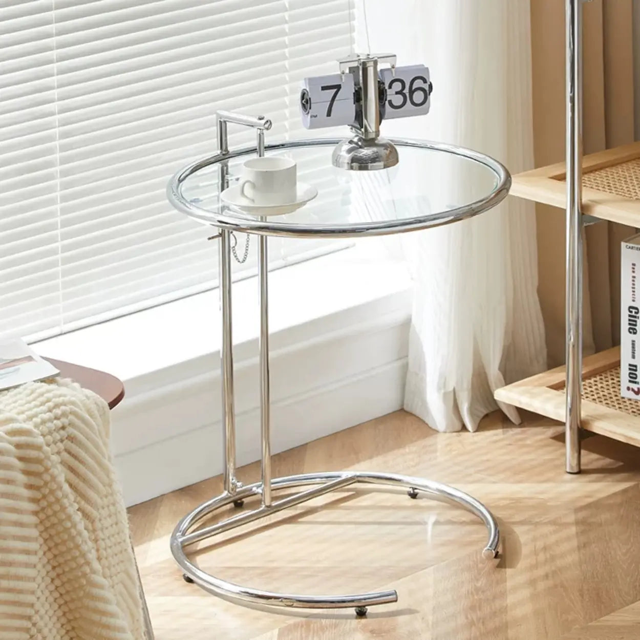 Silver Round Glass Adjustable Height C-Shaped End Table Image - 1