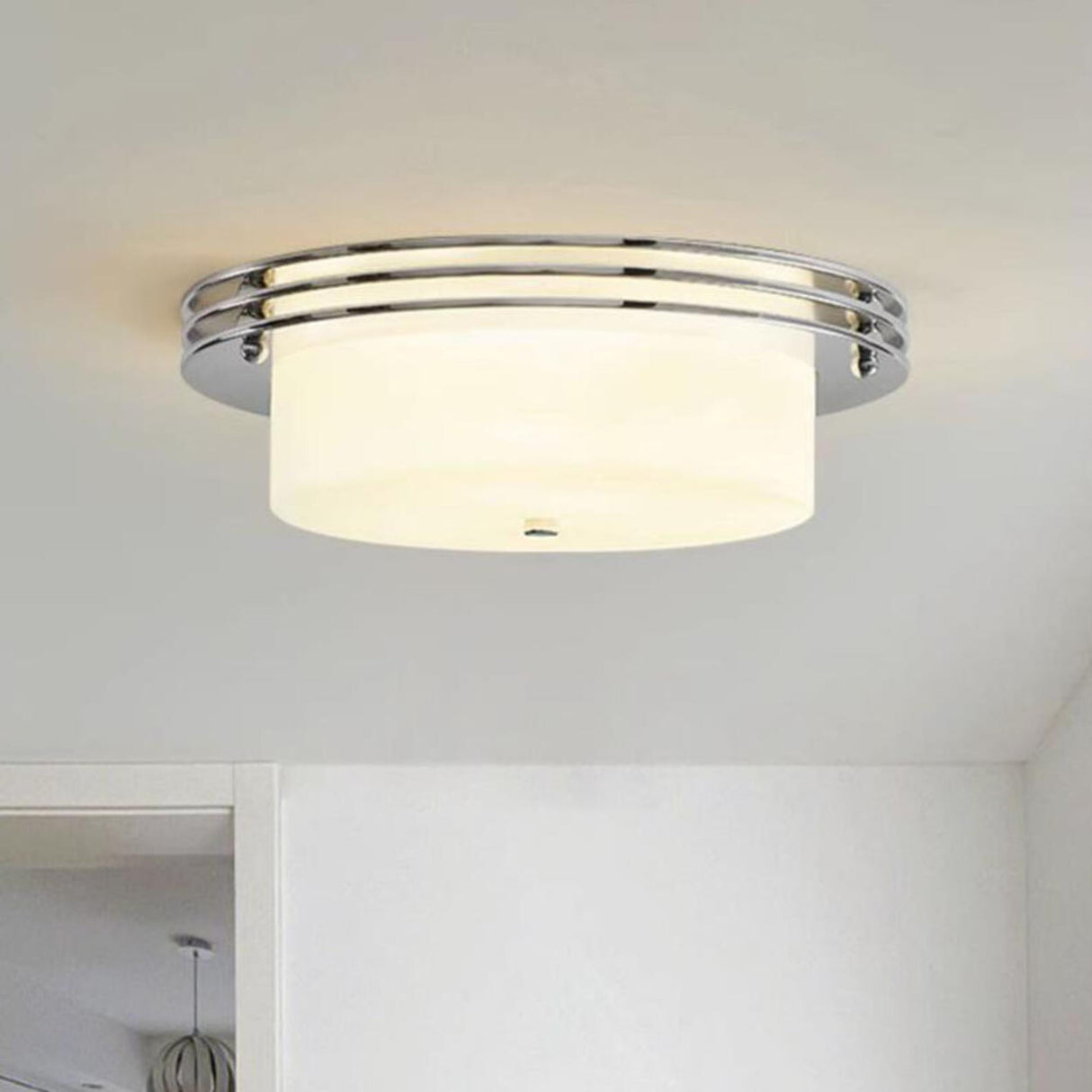 Silver White Glass Cylinder Flush Mount Ceiling Light Image - 13