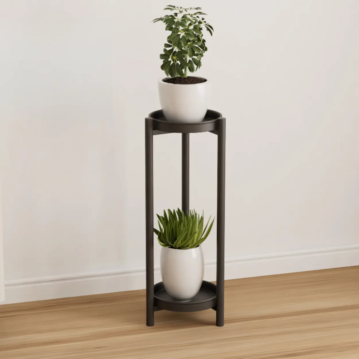 Simple 2-Tiers Round Floor Metal Base Plant Stand Black Image - 6