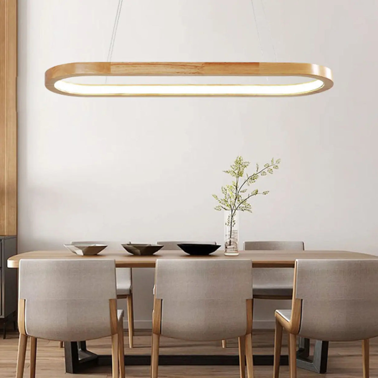 Simple Adjustable Wooden Oval Island LED Pendant Light Image - 15