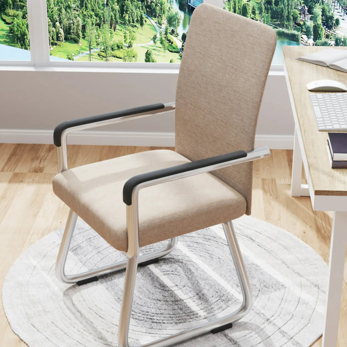 Simple Beige Ergonomic Rectangular Fabric Office Chair Image - 4
