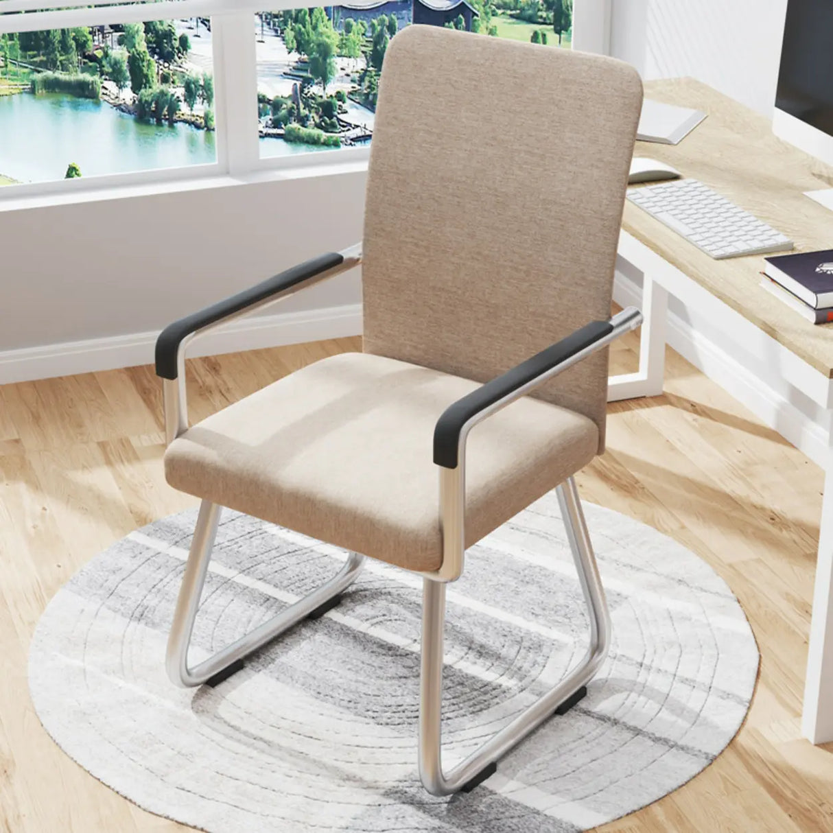 Simple Beige Ergonomic Rectangular Fabric Office Chair Image - 6