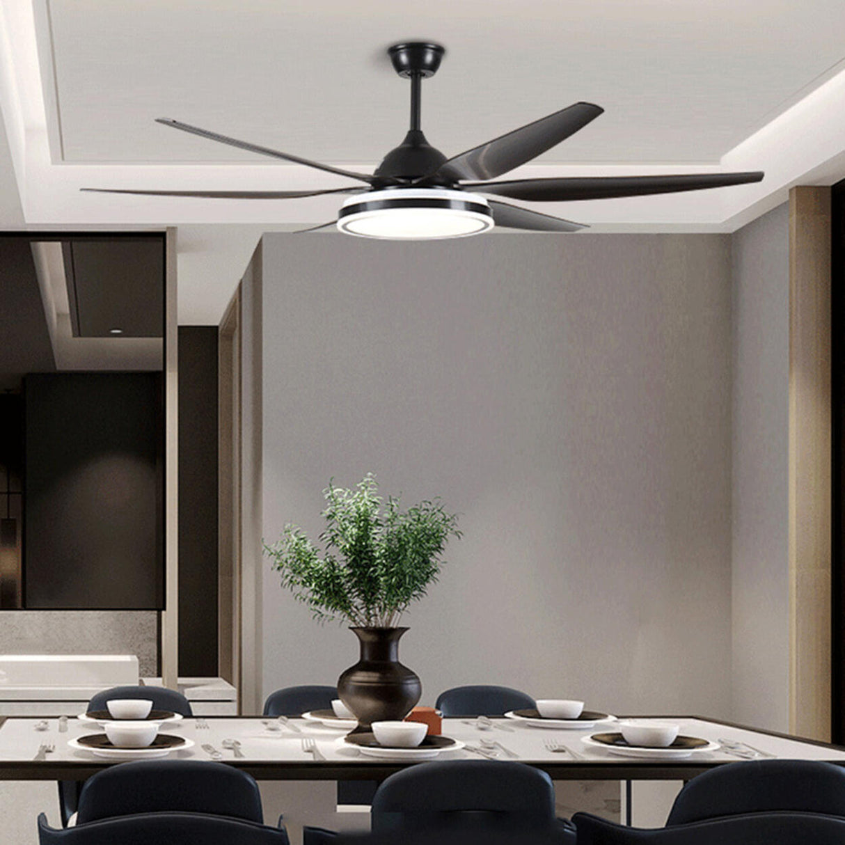 Simple Black 6 Blade LED Remote Ceiling Fan with Light Image - 3