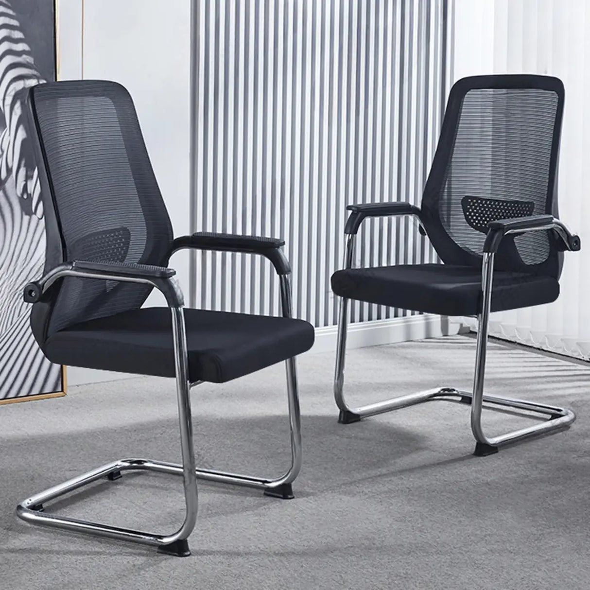 Simple Black Ergonomic Fixed Arms Mesh Metal Office Chair Image - 1