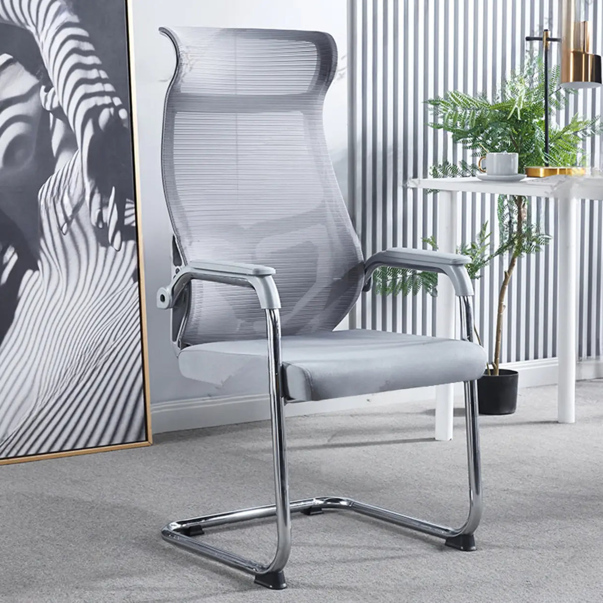 Simple Black Ergonomic Fixed Arms Mesh Metal Office Chair Image - 11