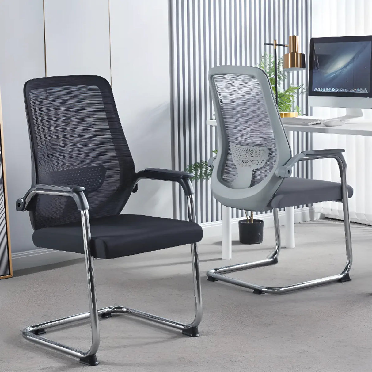 Simple Black Ergonomic Fixed Arms Mesh Metal Office Chair Image - 13