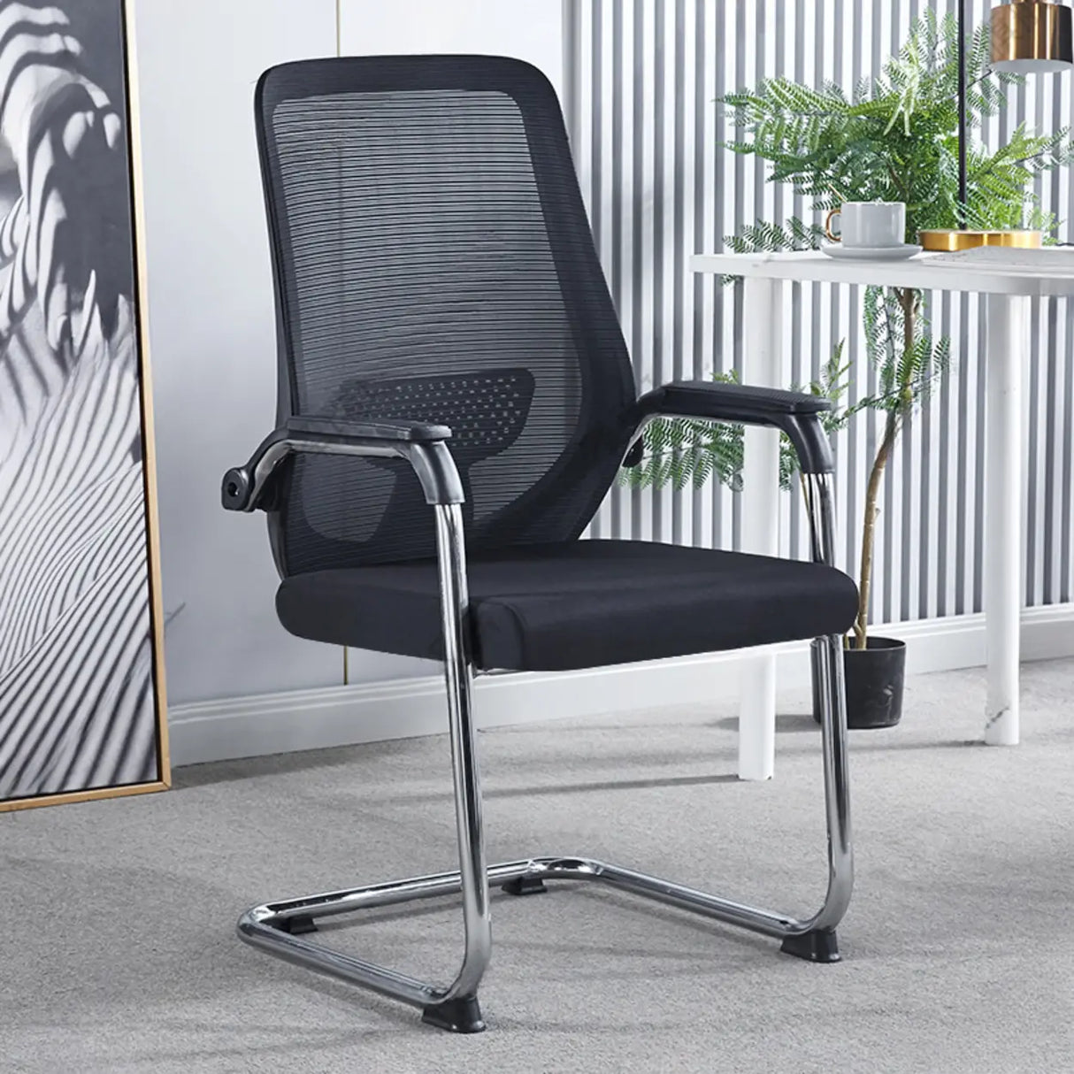 Simple Black Ergonomic Fixed Arms Mesh Metal Office Chair Image - 3