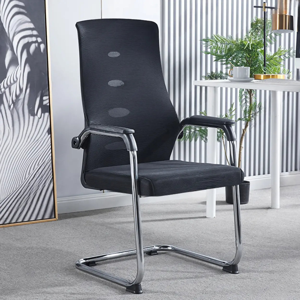 Simple Black Ergonomic Fixed Arms Mesh Metal Office Chair Image - 4