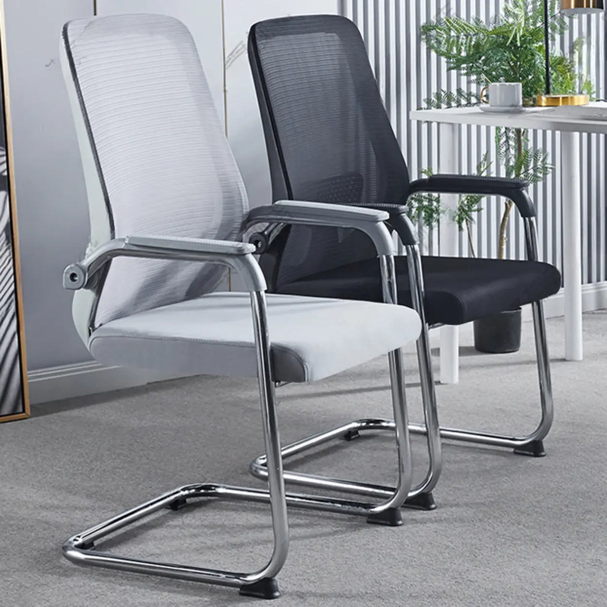 Simple Black Ergonomic Fixed Arms Mesh Metal Office Chair Image - 5