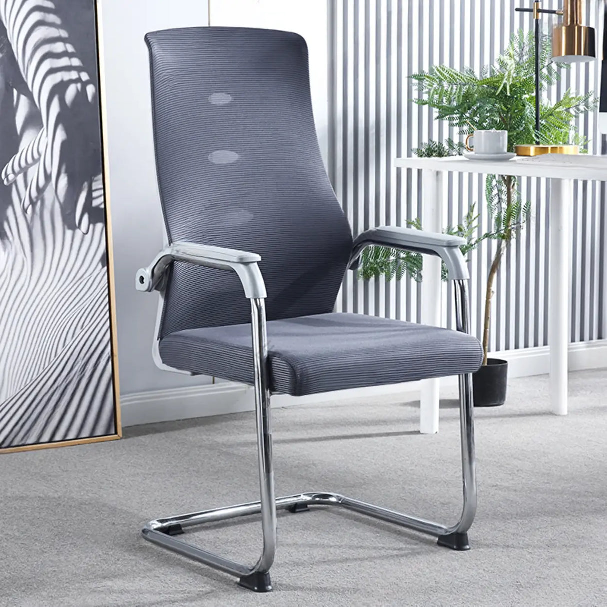 Simple Black Ergonomic Fixed Arms Mesh Metal Office Chair Image - 6