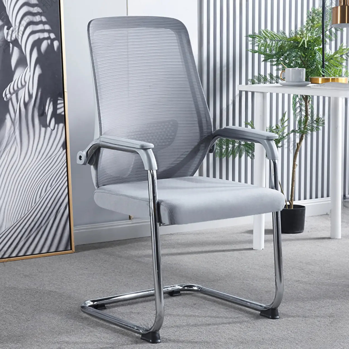 Simple Black Ergonomic Fixed Arms Mesh Metal Office Chair Image - 7