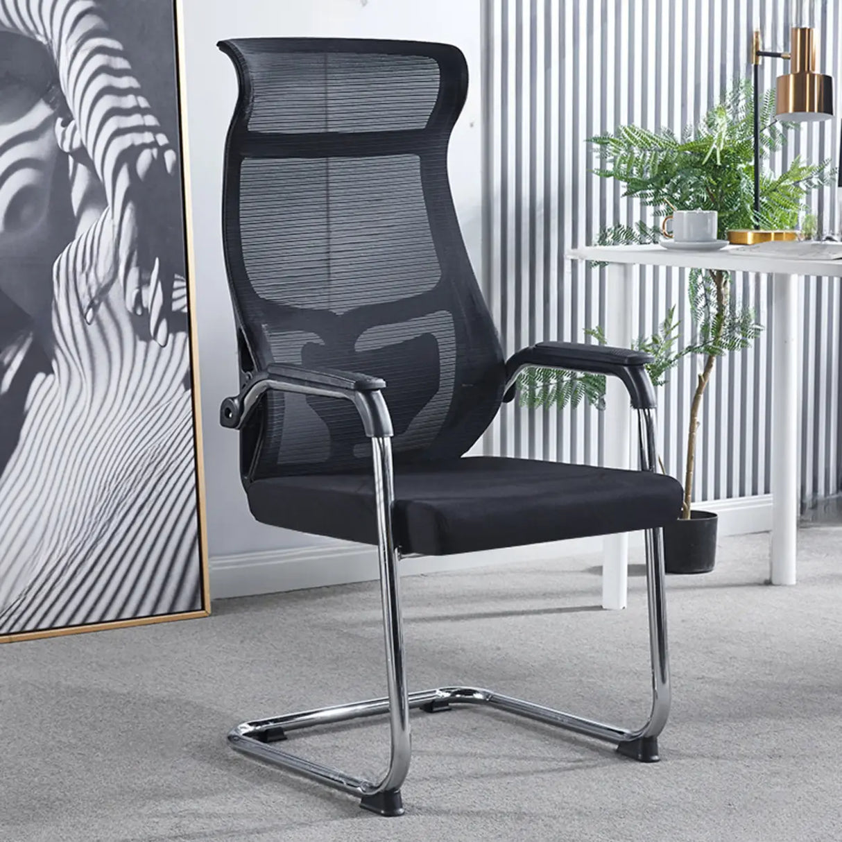 Simple Black Ergonomic Fixed Arms Mesh Metal Office Chair Image - 9