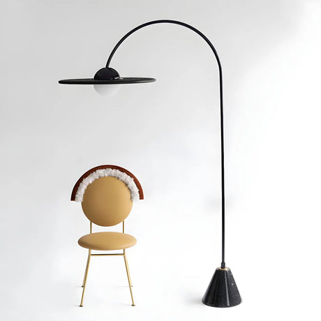 Simple Black Large Disc and Arched Metal Floor Lamp Image - 1