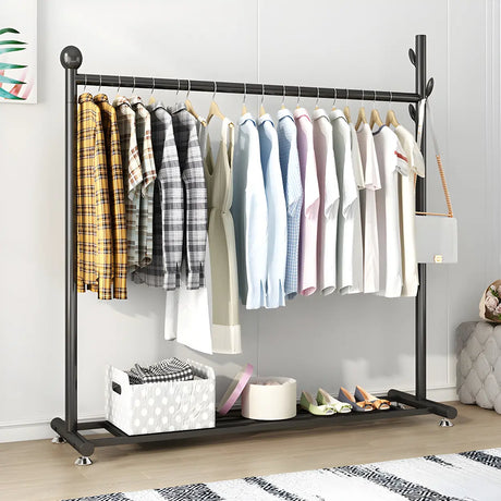 Simple Black Metal Garment Coat Rack with Hooks and Shelf Image - 1