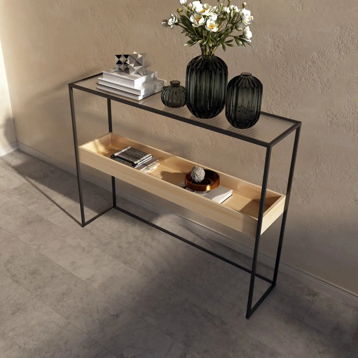 Simple Black Open Alloy Rectangular Storage Bookshelf Image - 3