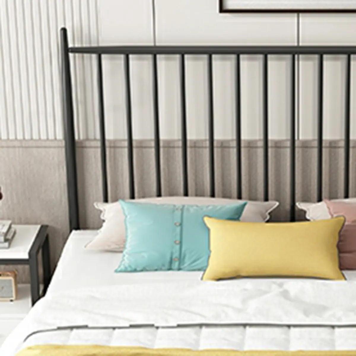 Simple Black Queen Metal Headboard Modern Open-Frame Bed Image - 14